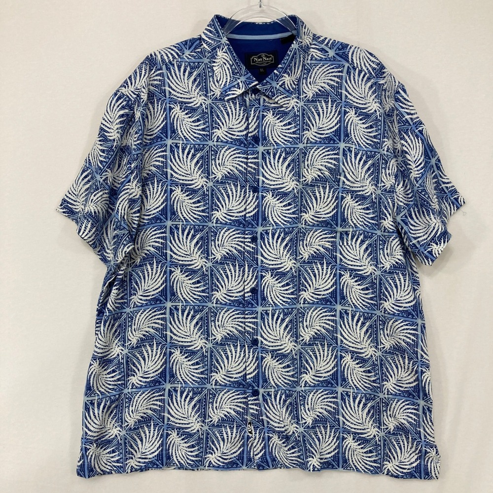 Nat Nast Mens Button Up Shirt XL Silk Blend Blue Geometric Palm Leaf Vacation